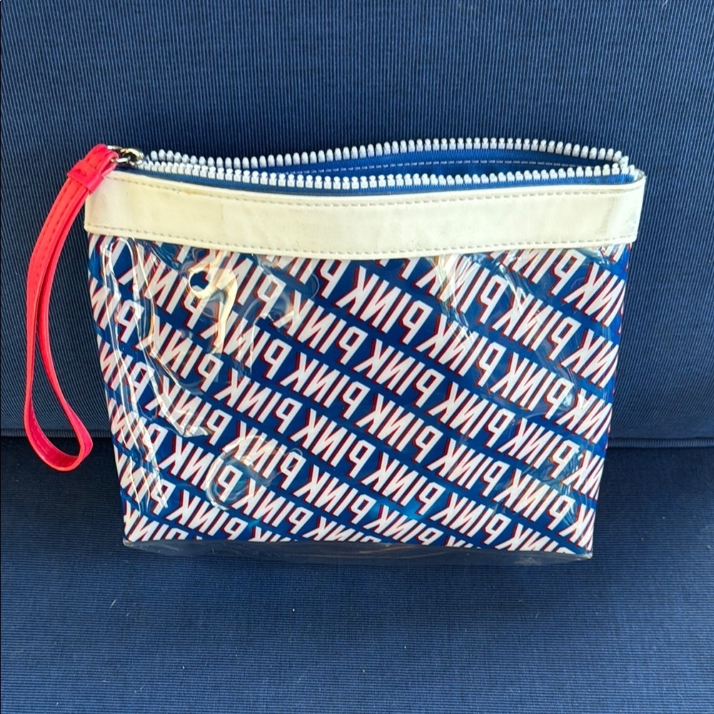 PINK Victoria's Secret Clear Pouch with Blue and White Design